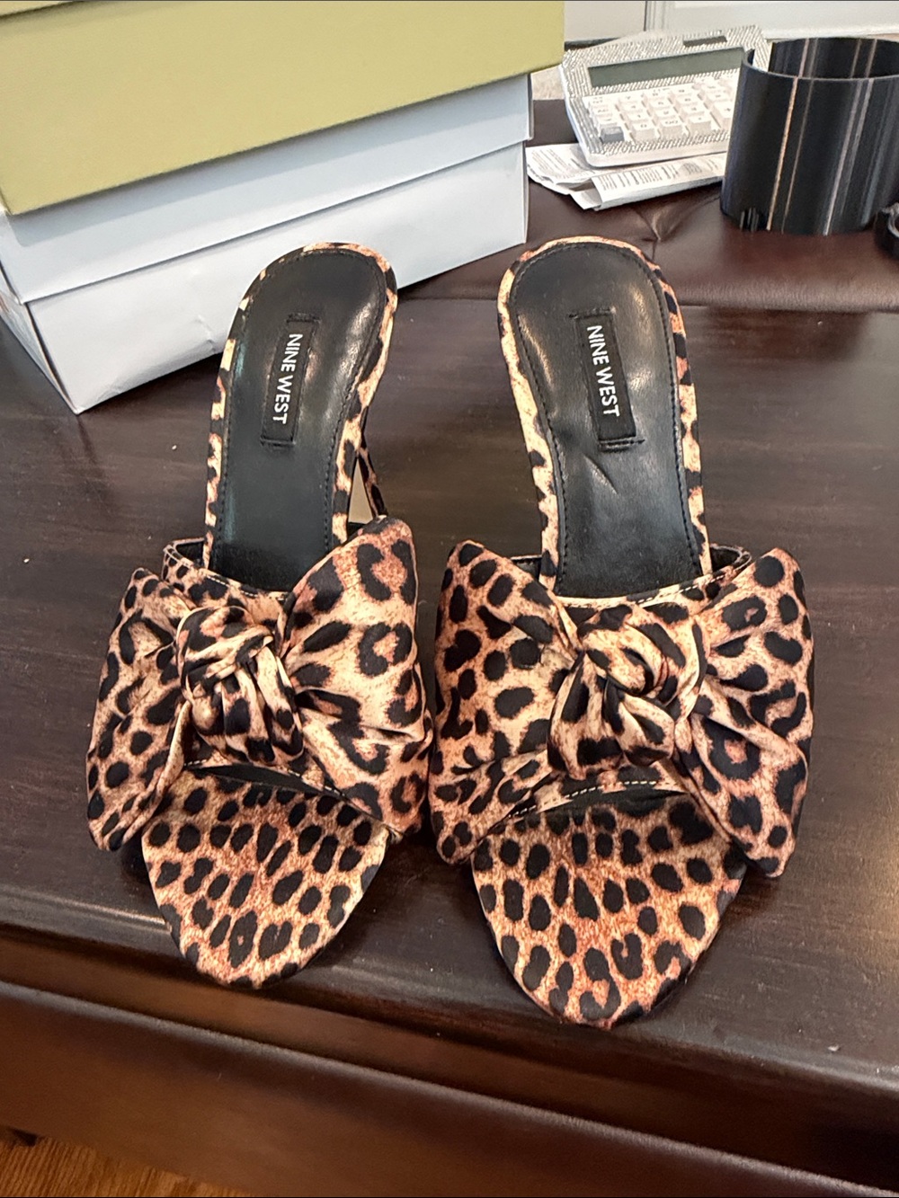 Nine West Leopard Bow Slide Mules in Brown and Black